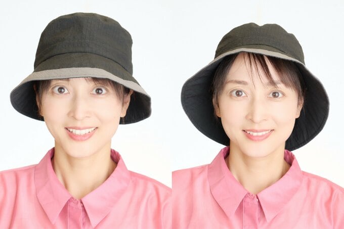 左/普通のハットの場合はどうしても目深(まぶか)にかぶる感じになる。右/毛束を通す穴がついているハットの場合は目元もすっきり
