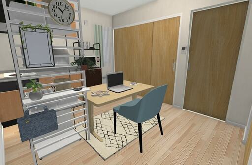 ダイニング側の突っ張り仕切りには鏡やバッグ、アクセサリー類を置く