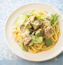 ＜シーザー風ゆで豚パスタ＞電子レンジで混ぜるだけの簡単パスタ