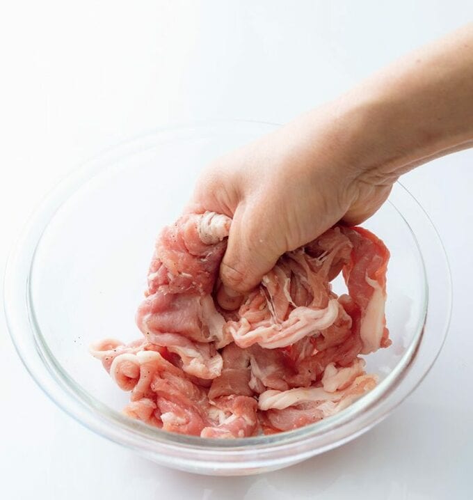 ボウルにお肉と手