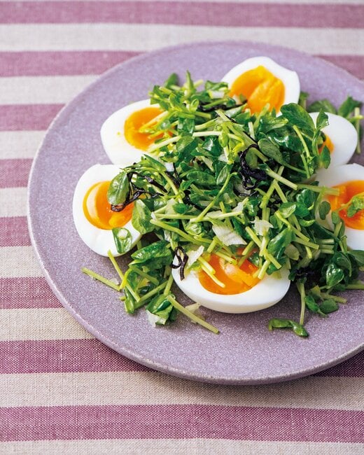 ゆで卵の豆苗ネギ塩ダレ