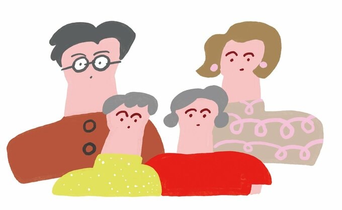 小学生2人のお子さんとお父さんお母さんが揃った家族のイラスト