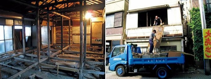 (左)築90年以上の二軒長屋。(右)産廃処理の様子