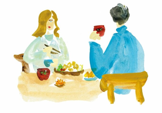 お酒と食事を楽しむ2人のイラスト