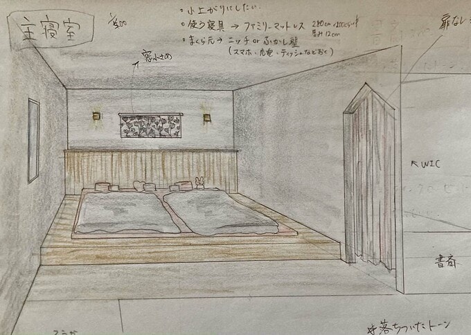 間取り計画中に妻が描いた寝室のパース