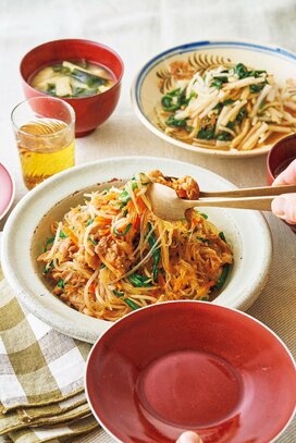 豚こまの甘辛チャプチェ献立。春雨で食べごたえアップ＜1週間5000円献立・金曜日＞