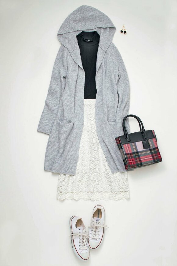 黒リブ+グレーロングカーディガン