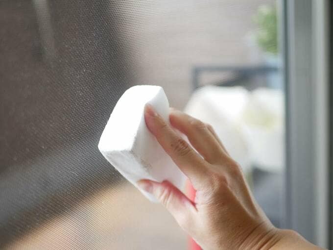 網戸をスポンジでふく様子