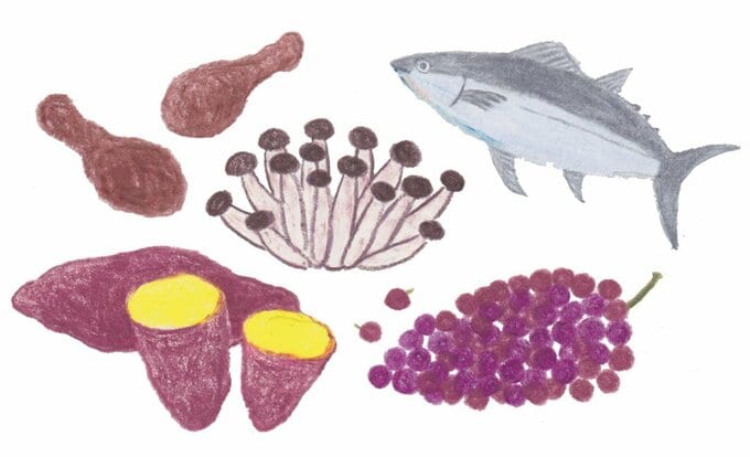 サツマイモ、シメジ、ブドウなど