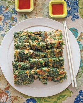 マイタケ、春菊、豚バラのチヂミ風のレシピ。目にも鮮やか！