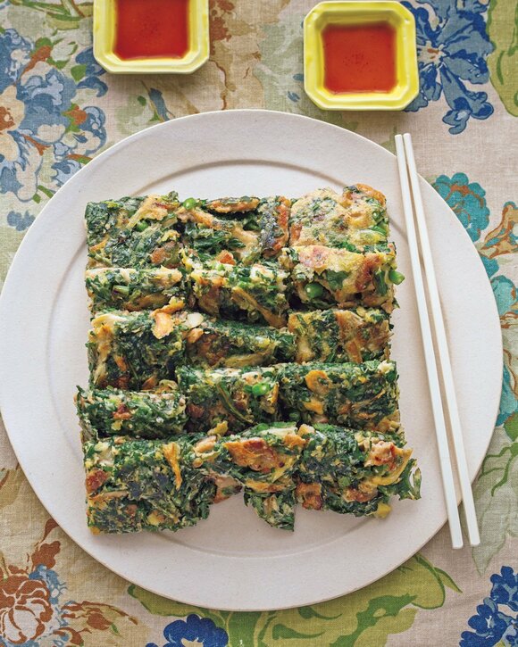 マイタケ、春菊、豚バラのチヂミ風