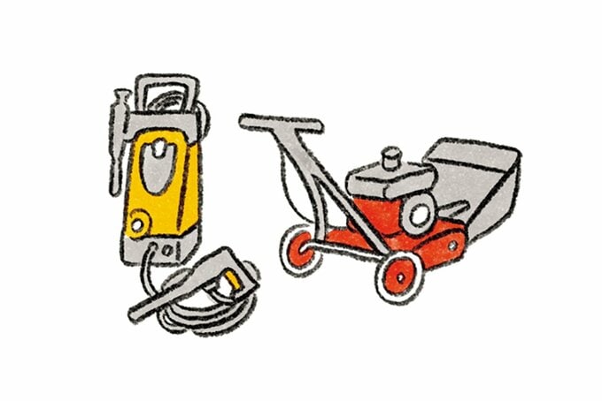 高圧洗浄機と芝刈り機のイラスト