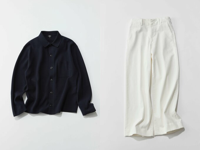 ユニクロのワイドジーンズとシャツカーディガンを着まわし