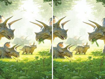 ＜恐竜間違い探し＞トリケラトプスの家族がのんびり食事中。どこが違う？2つの絵から見つける10個の間違い