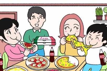 家族でピザのデリバリー…なにかが違う？5つ見つけたらエラい間違い探し
