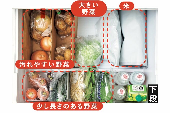 野菜がブックエンドで仕切って保存されている野菜室