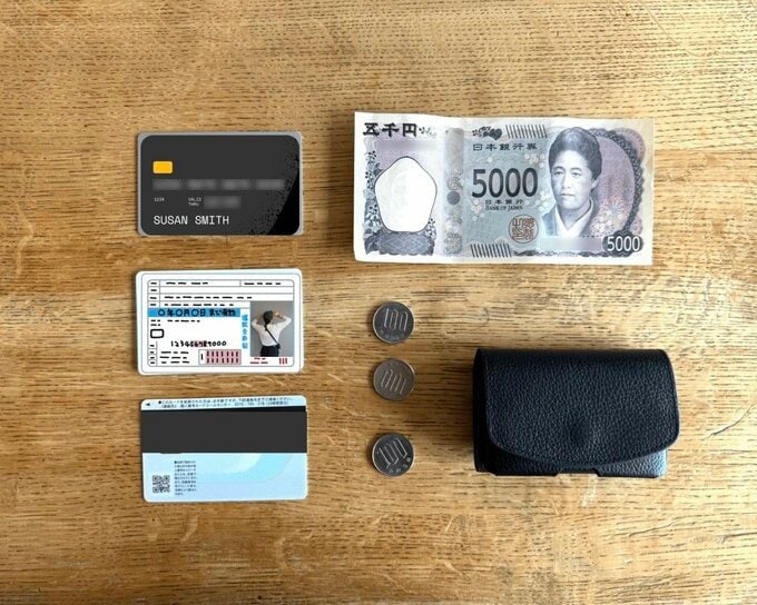 ミニ財布、紙幣、貨幣、クレジットカード、免許証