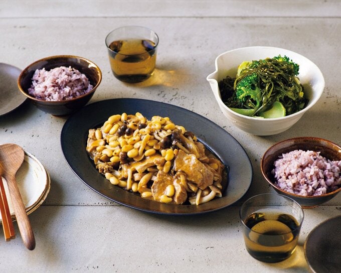 「大豆と豚ヒレのオイスターレンジ蒸し」献立