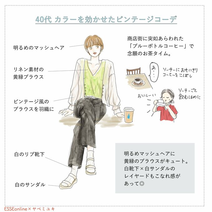 40代、カラーを効かせたビンテージコーデ