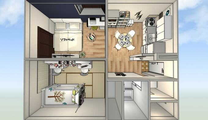 団地サイズの2DKでもリビングのソファをソファ―ベッドにすると機能的になる