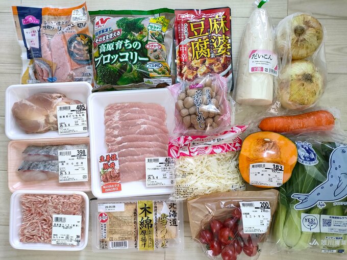 イオンネットスーパーで購入した5日間の食材。木曜日の豆腐だけあとから買いたしています