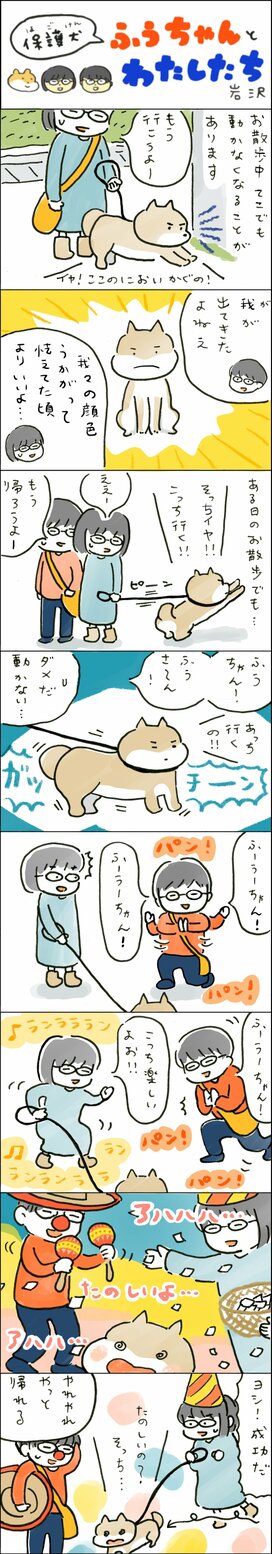 散歩でわが道を行くふうちゃん。苦労の末に生まれた誘導法とは…？＜保護犬マンガ＞