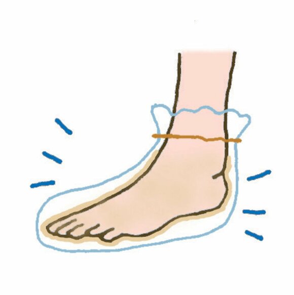 足全体に保湿クリームを塗りラップを巻いてパックしている様子