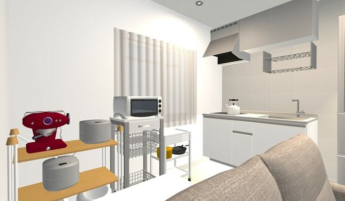 高さも幅、奥行きや色もバラバラの収納棚とワゴン