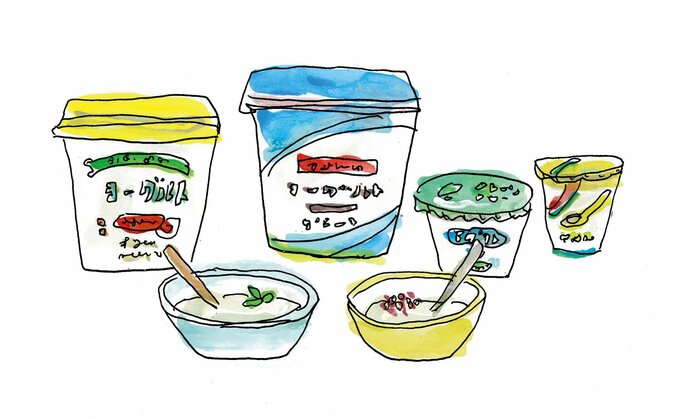 数種類のヨーグルトが並ぶイラスト