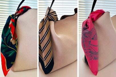 50代、バッグが華やかになる「スカーフの巻き方」2つ。雰囲気が変わっておしゃれ