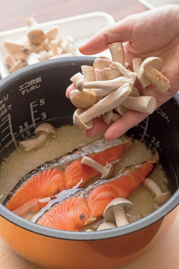 お釜に鮭ときのこ
