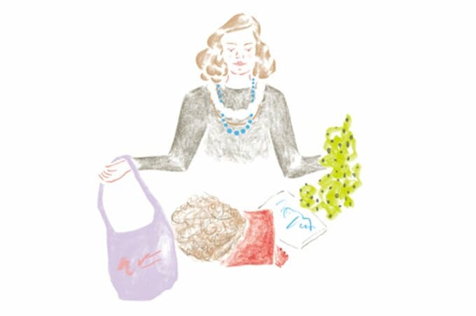 カバンやスカーフなどを手に取り悩む女性のイラスト