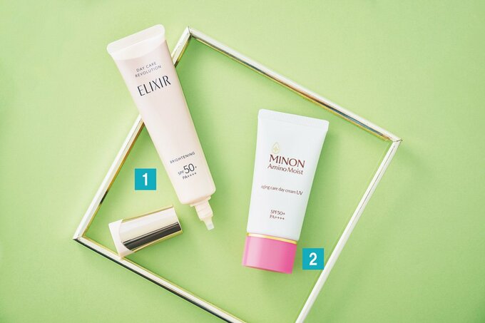 【画像左】エリクシール デーケアレボリューション ブライトニング ＋ ba〈医薬部外品〉SPF50+・PA++++ 35mL（エリクシール）／【画像右】ミノン アミノモイスト エイジングケア デイクリームUV〈医薬部外品〉SPF50+・PA++++ 30g（第一三共ヘルスケア）