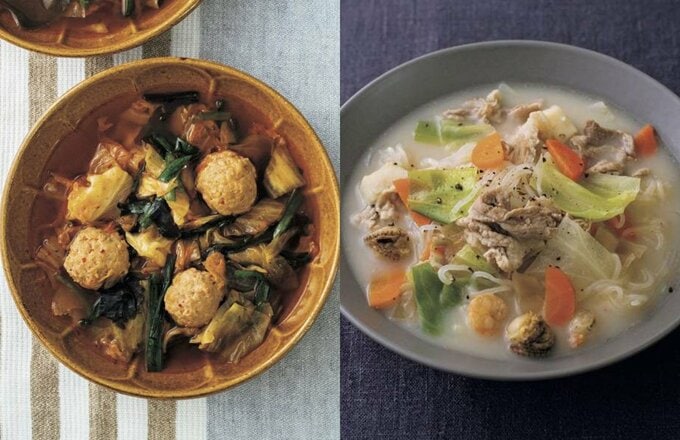 鶏つくねとキャベツのキムチスープ（左）、ちゃんぽんラーメン風スープ（右）