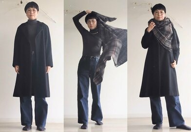 ストールは自分で手づくりして、巻き方はシンプルに。「布のデザイン次第で複雑に見せられます（笑）」