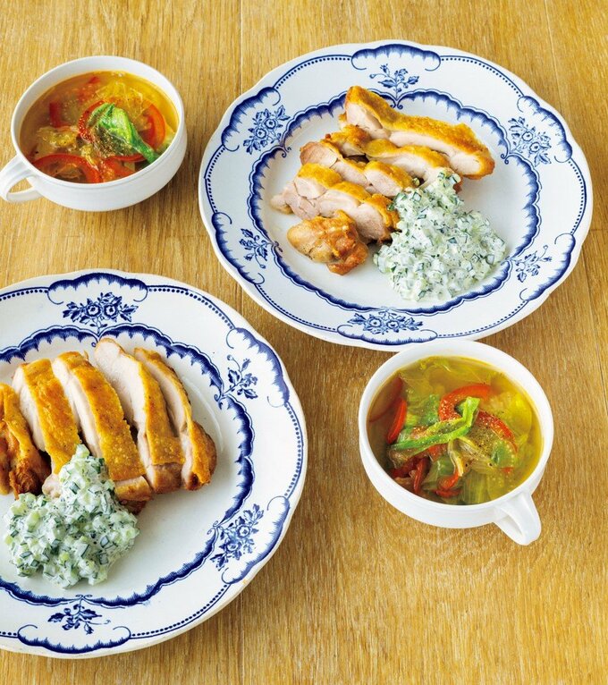 素揚げチキンのバジルマヨソース/セロリとレタスのコンソメスープ