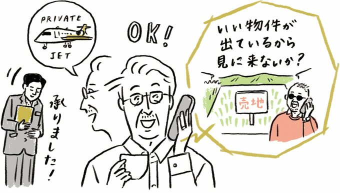 執事にプライベートジェットの依頼をする男性のイラスト