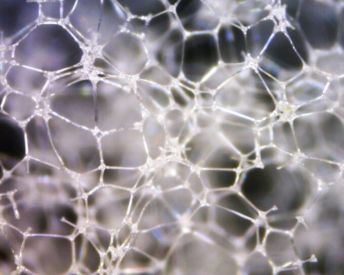 メラミンフォームの骨格構造を顕微鏡でのぞいた様子。目には見えない微細な骨格が、汚れを削り取るように落としていく（画像提供：レック株式会社）