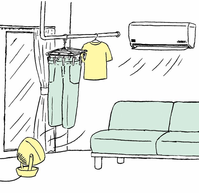 リビングで洗濯物を干す様子のイラスト