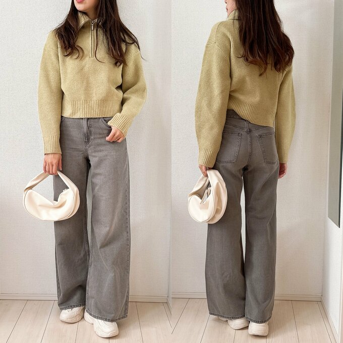 カラーニットとジーンズ