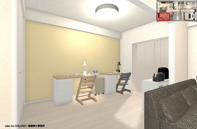 リビングダイニングに並ぶ洋室を「学習ルーム」とした例