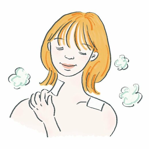 樹液シートを肩に貼ってリラックスする女性イラスト