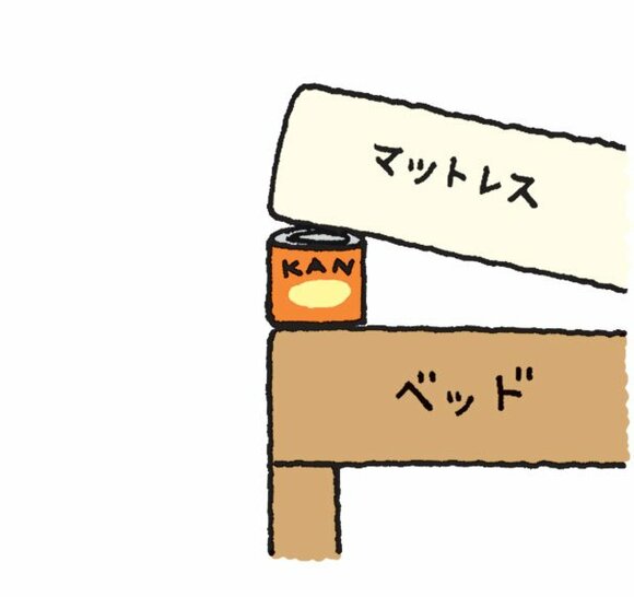ベッドのマットレスの片側を少し持ち上げて、缶詰や本をはさむ