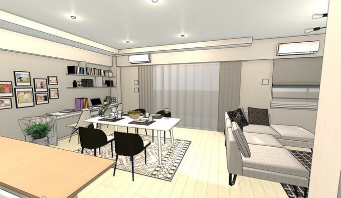 キッチンから見た、ダイニングのテレワークスペース