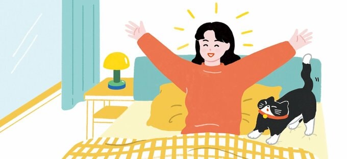 朝すっきりと起きる女性のイラスト
