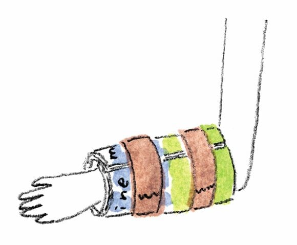 骨折した場所に新聞や雑誌で添え木をする