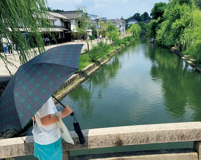 日傘をさした人が川を眺めている様子
