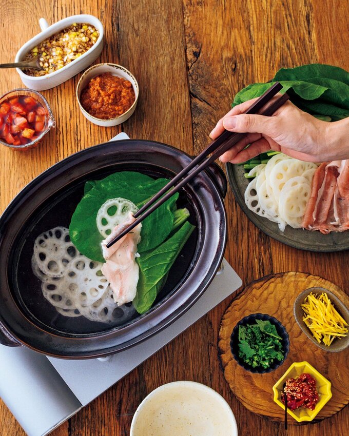 ひらひらレンコンとコマツナの豚しゃぶしゃぶ