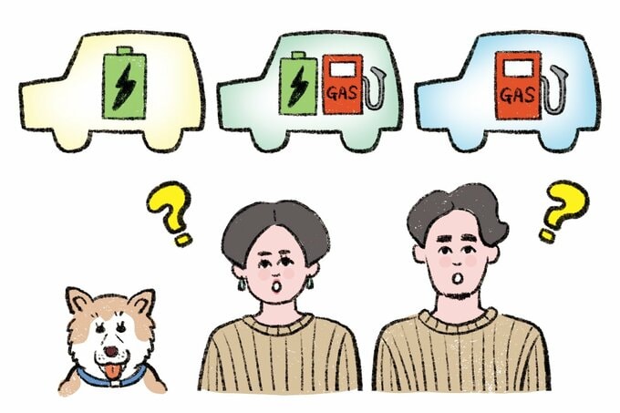 電気自動車かハイブリッド車かガソリン車かのイラスト