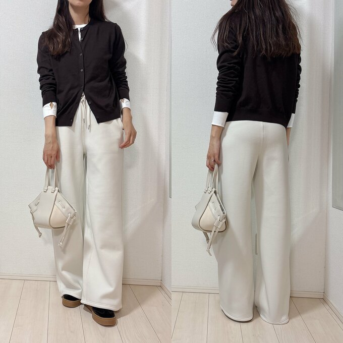 ユニクロ　UVカットクルーネックカーディガン　オフホワイトスウェットパンツコーデ